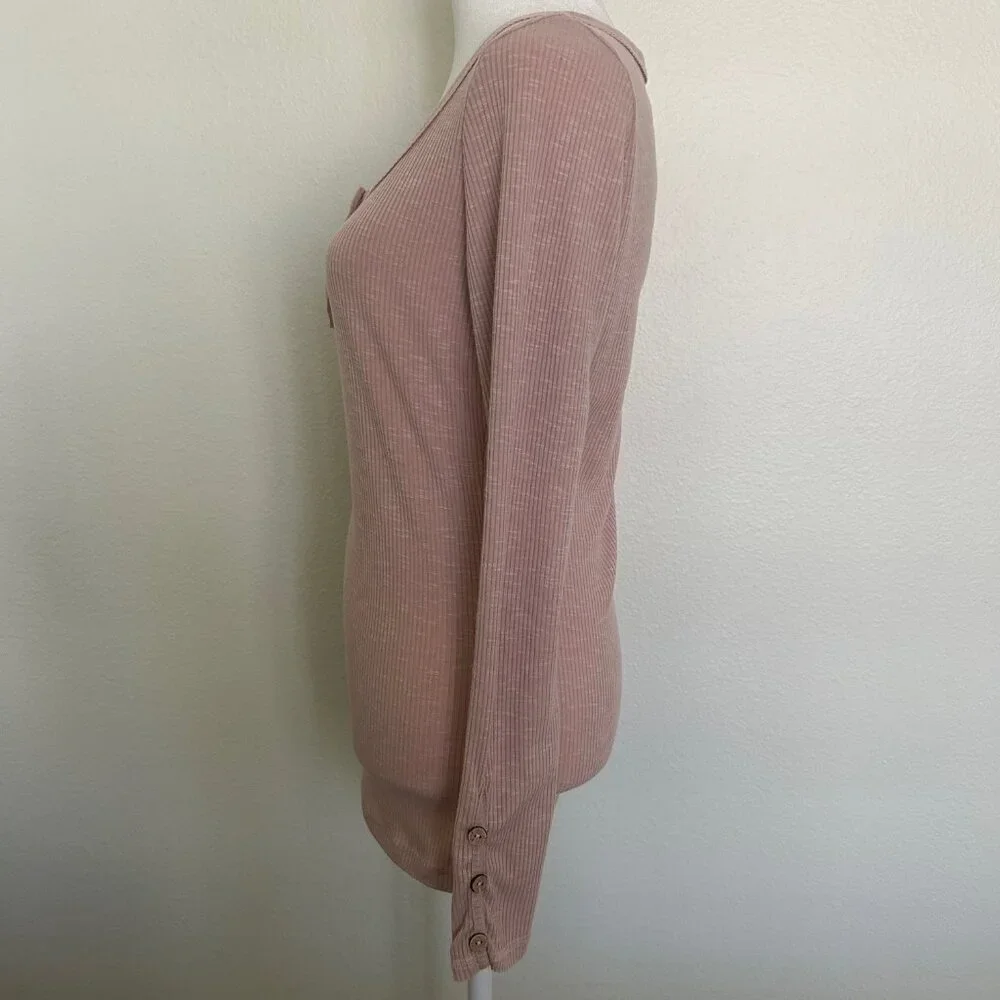 Kissfix Henley Shirt Ribbed Long Sleeve Pullover Top Pink SZS Fitted Casual